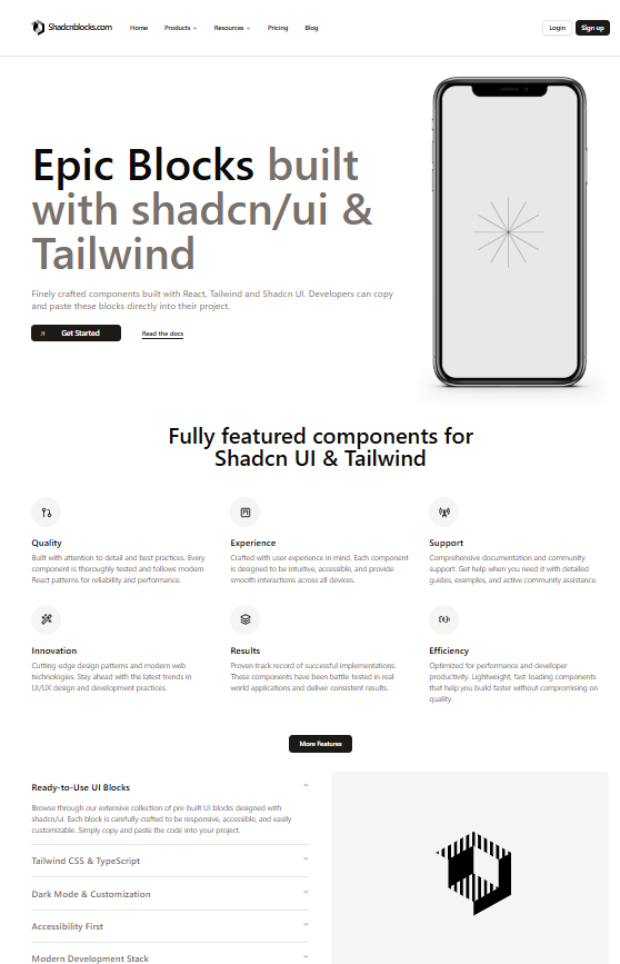 Next.js landing page built using shadcn/ui blocks and components